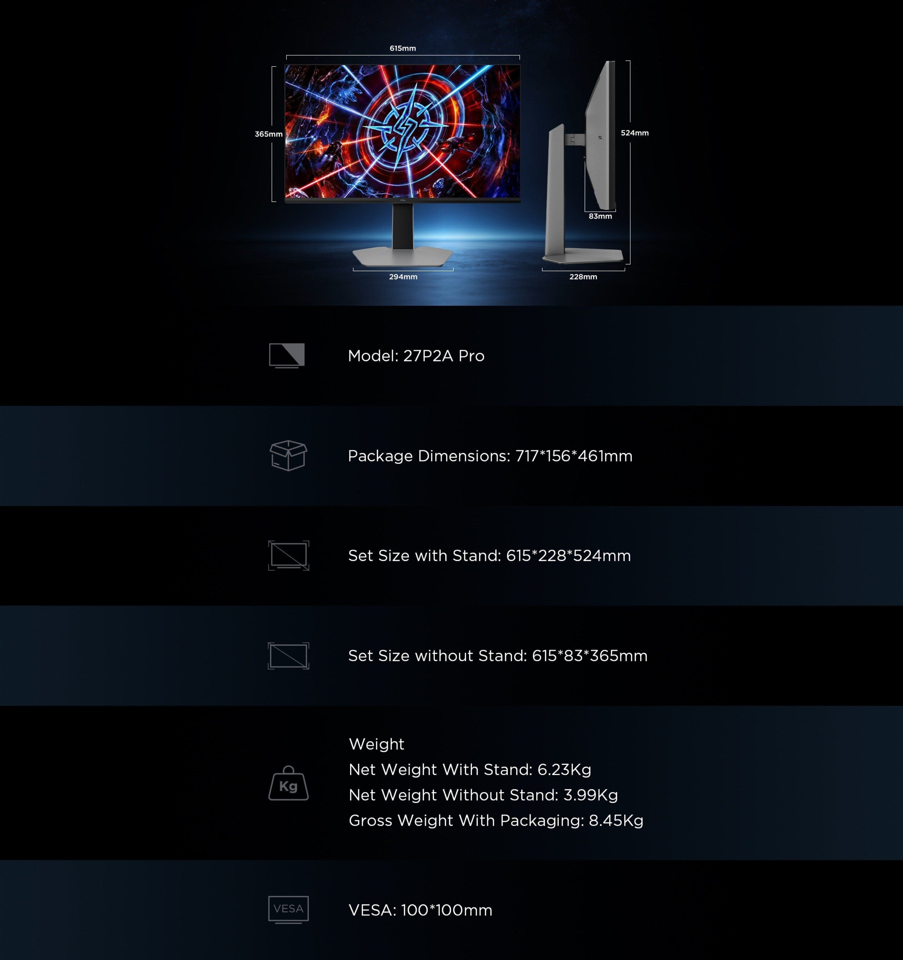 乐竟体育 27P2A Pro 320Hz Mini LED Monitor Dimension