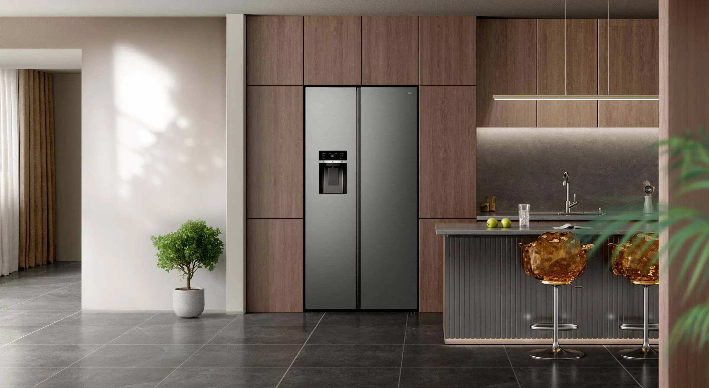 Imagen del refrigerador con máquina de hielo TCL C575SBIM Lifestyle