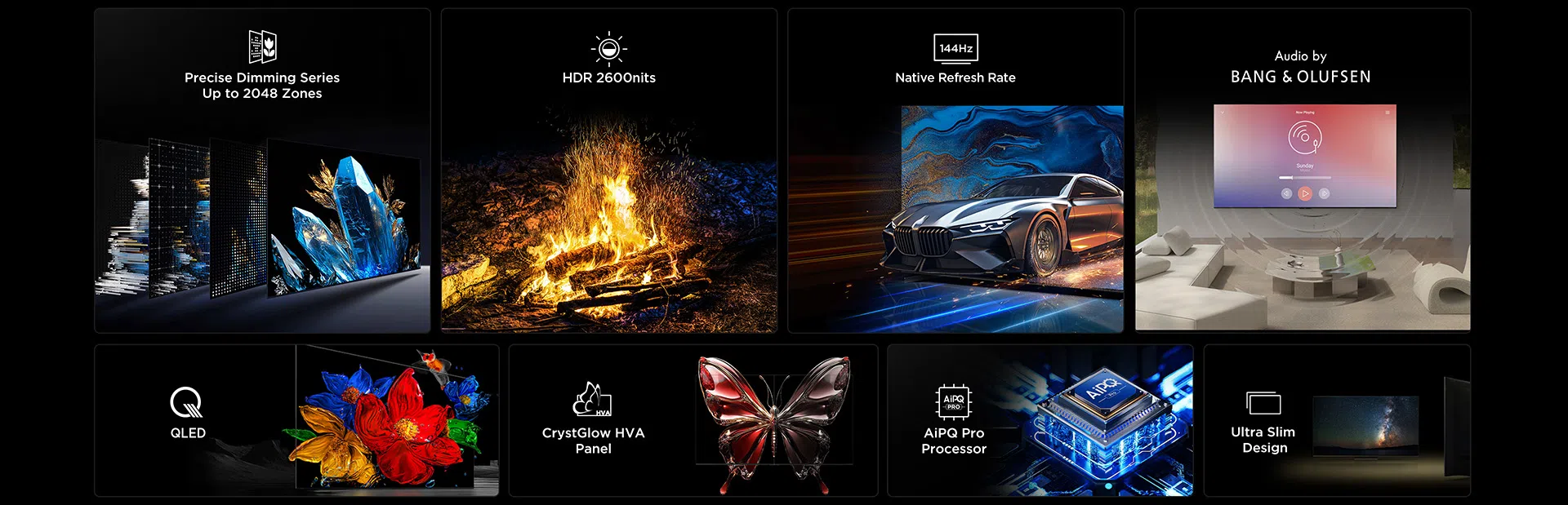 הטלוויזיה מצוידת בטכנולוגיית QLED המתקדמת, פאנל CrystGlow HVA ומעבד AiPQ Pro