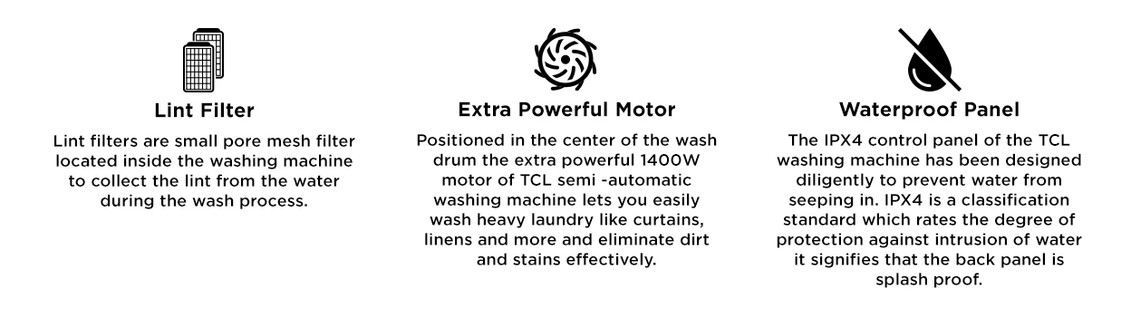 Lint Filter, Extra Powerful Motor and Waterproof Panel : 6.5 KG Semi Automatic Washing Machine Additional Features