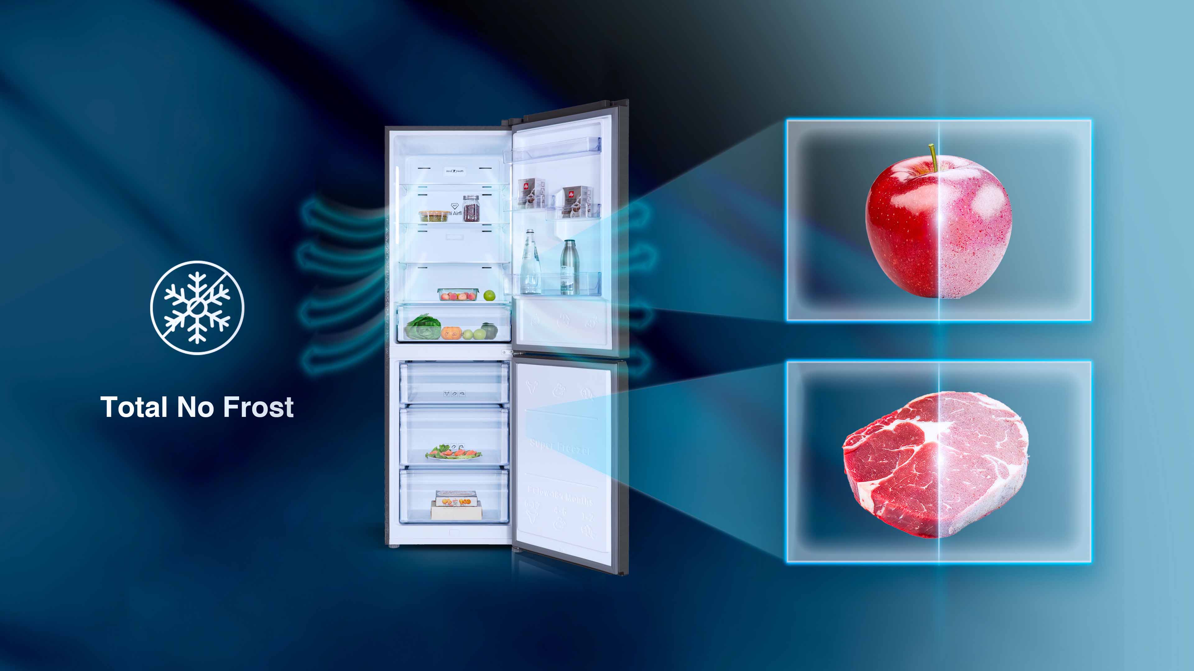 Total No Frost: homogeneous and frost-free cooling. Optimal food preservation and stop the defrosting chore!